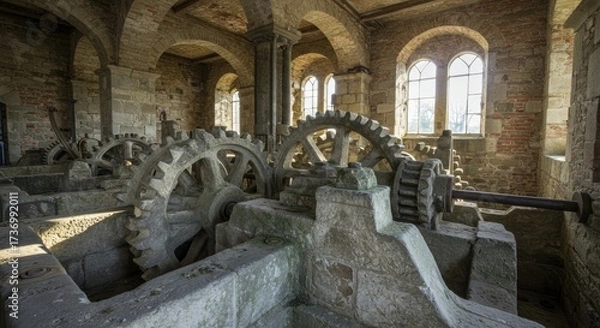 Obraz Ancient Industrial Stone Gears in Historic Building Interior