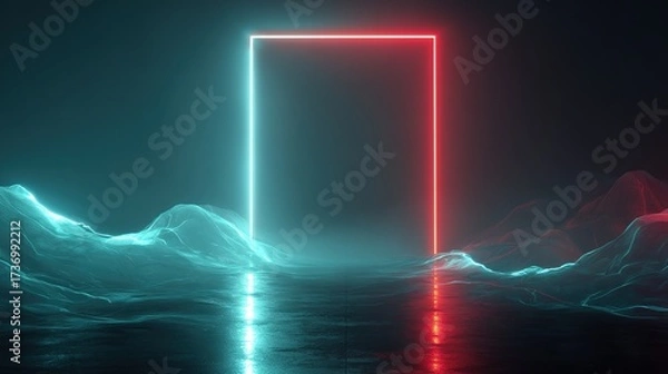 Obraz A glowing rectangle, split red and blue, stands against a surreal landscape of glowing forms and dark waters