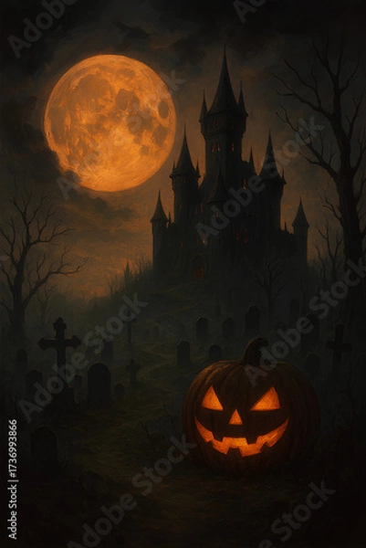 Fototapeta Tentu, berikut adalah deskripsi gambar dalam bahasa Inggris dengan 10 kata:

**Spooky castle, graveyard, glowing Jack-o'-lantern, orange moon, dark Halloween vibe.**