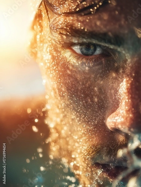 Fototapeta Close-up of a swimmer's face, capturing the intensity and focus in their eyes, surrounded by water droplets and vibrant light.