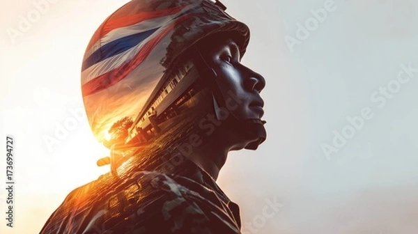 Fototapeta A soldier stands in profile, silhouetted against a sunset, showcasing bravery and resilience in a powerful moment of reflection.