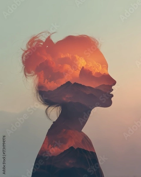 Fototapeta A stunning double exposure of a woman's profile merged with a serene mountain landscape at sunset, evoking tranquility and introspection.