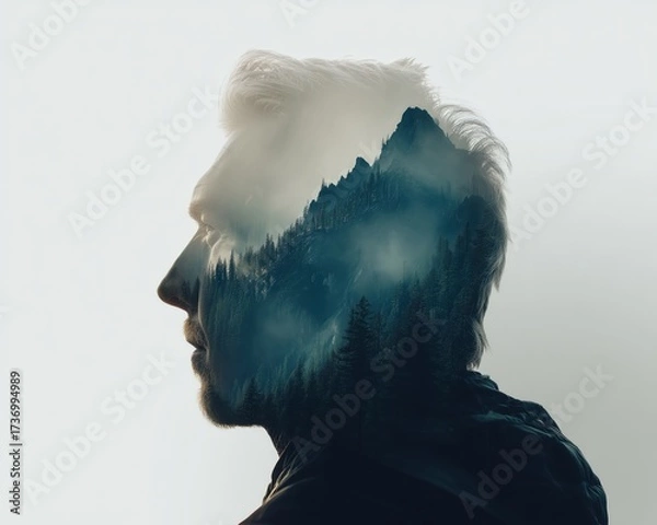 Fototapeta A stunning double exposure portrait blending human silhouette with serene mountains, evoking tranquility and introspection.