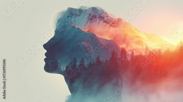 Fototapeta A surreal double exposure of a woman's silhouette, blending with vibrant mountain landscapes and a serene forest atmosphere.