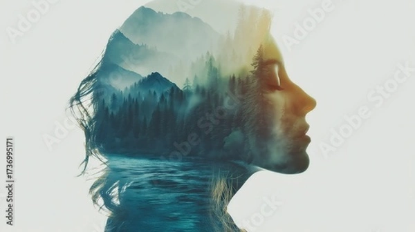 Fototapeta A surreal representation of a woman's silhouette blended with natural landscapes, symbolizing the connection between nature and emotions.