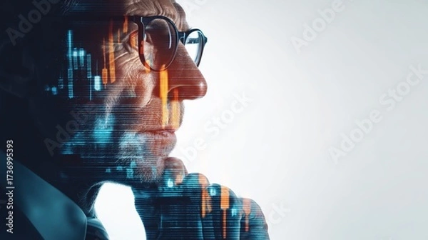 Fototapeta A thoughtful businessman analyzes financial data, showcasing a digital overlay of stock market trends and analytics.