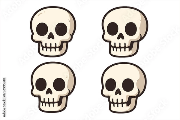 Fototapeta Cartoon skull icon set for Halloween decorations. Cute vector skull illustration with large eye sockets. Spooky cartoon skull clipart for stickers, invitations, party decor, transparent background