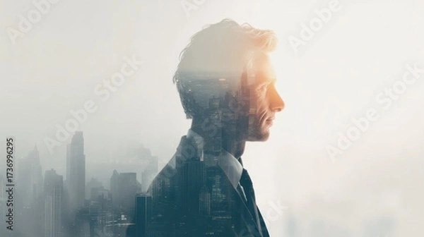 Fototapeta A thoughtful man stands against a city skyline, symbolizing ambition and the blend of personal and professional aspirations.
