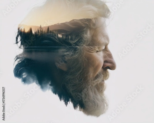 Fototapeta A thoughtful portrait blending nature with human consciousness, showcasing the connection between mind and environment.
