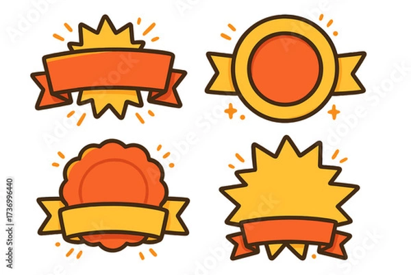 Fototapeta Cartoon vector badges collection. Sale banner set, award label, sticker, burst and ribbon template. Colorful promotion, marketing, discount, special offer elements with transparent background