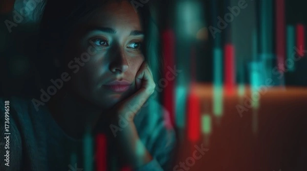 Fototapeta A thoughtful woman gazes at fluctuating stock market data on a screen, reflecting focus and determination in her work environment.