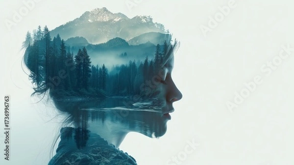 Fototapeta A woman's silhouette intertwined with serene mountain and forest landscapes, symbolizing tranquility and inner peace.