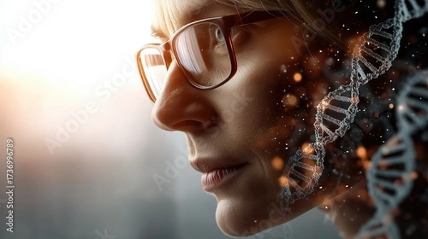 Fototapeta A woman with glasses contemplating the complexities of DNA, representing innovation and the future of genetic research.