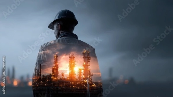 Fototapeta A worker gazing into the future, silhouetted against an industrial skyline, symbolizing progress and innovation in the energy sector.