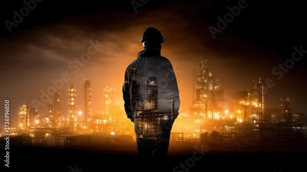 Fototapeta A worker stands silhouetted against a vibrant industrial skyline, symbolizing strength and resilience in the manufacturing sector.