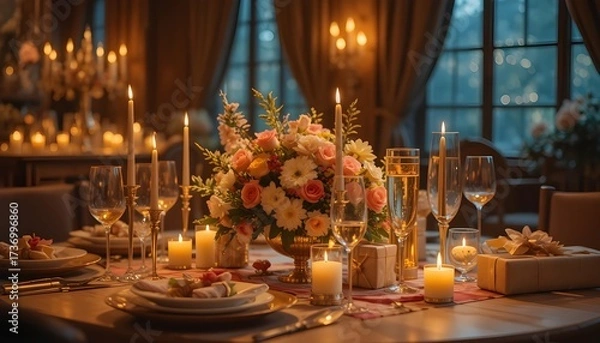 Fototapeta Romantic candlelight dinner setting with floral centerpiece, creating an elegant ambiance for special occasions and intimate gatherings, ideal for celebrations