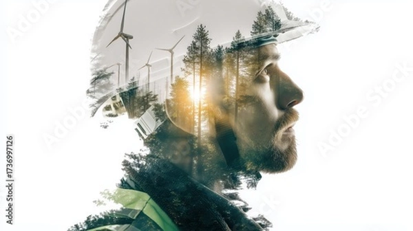 Fototapeta An environmentally conscious worker embodies renewable energy through double exposure with nature and wind turbines.