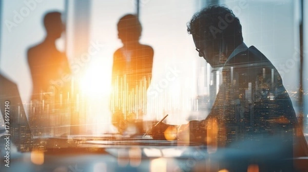 Fototapeta An executive focused on work, silhouetted by a bright sunset, amidst a bustling office environment.