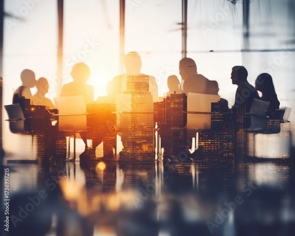 Fototapeta Business meeting at sunset, silhouettes of professionals gathered around a table, discussing strategies and ideas.