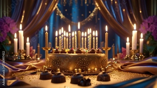 Fototapeta Stunning golden birthday cake with sparkling candles illuminates a luxurious festive celebration, perfect for capturing joy and elegant moments.