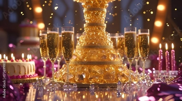 Fototapeta Experience the ultimate luxury celebration with a dazzling golden centerpiece, sparkling champagne flutes, and festive bokeh lights perfect for any grand event