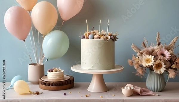 Fototapeta Stunning pastel birthday celebration setup featuring an elegant cake with candles and soft balloons creates a joyful atmosphere.