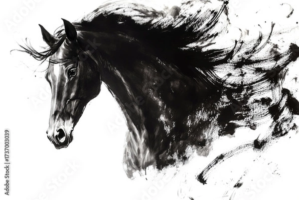 Obraz Horse head. Black horse in a dynamic pose. Traditional Chinese ink painting on white background. Year of the horse, symbol of the 2026 year.	