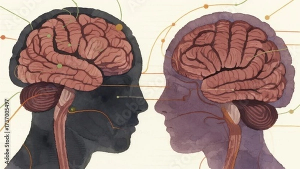 Fototapeta Illustration of two human brains in profile view with neural connections highlighted