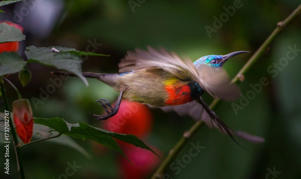 Fototapeta Red-chested Sunbird or 
Cinnyris erythrocercus flitting in flowering shrub seeking nectar laden flowers