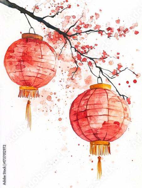 Obraz Red Chinese lanterns and sakura branches with pink flowers, white background. Watercolor illustration, sketch. Asian silk lanterns. Card for lunar new year, tet.