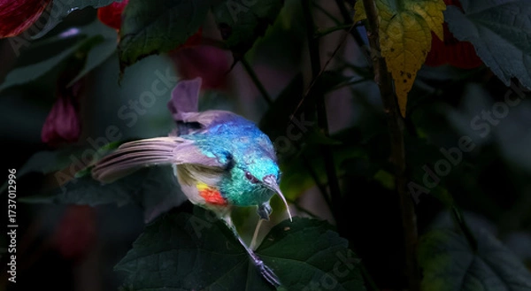 Fototapeta Red-chested Sunbird or 
Cinnyris erythrocercus flitting in flowering shrub seeking nectar laden flowers