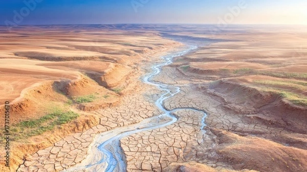 Obraz Drone shot of a canyon in summer dryness, cracked earth, sun-bleached tones, minimal vegetation, heat haze visible 