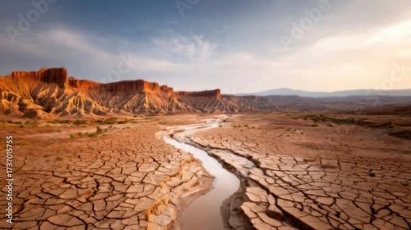 Obraz Drone shot of a canyon in summer dryness, cracked earth, sun-bleached tones, minimal vegetation, heat haze visible 