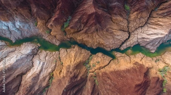Obraz Drone shot of a canyon in summer dryness, cracked earth, sun-bleached tones, minimal vegetation, heat haze visible 