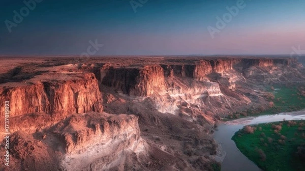 Obraz Drone shot of a canyon in summer dryness, cracked earth, sun-bleached tones, minimal vegetation, heat haze visible 