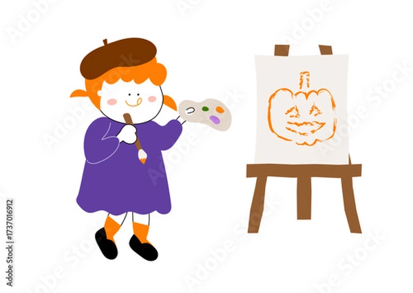 Fototapeta キャンバスにお絵描きする女の子のイラスト素材