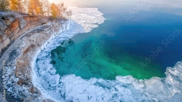 Obraz Overhead view of a lake half frozen and half thawed, clear demarcation between seasons, deep textures in the ice vs. reflection on water 