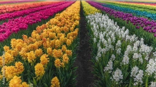 Obraz Top-down capture of flower fields in full spring bloom, neatly organized in vivid color blocks, palette of pink, purple, yellow, and white 