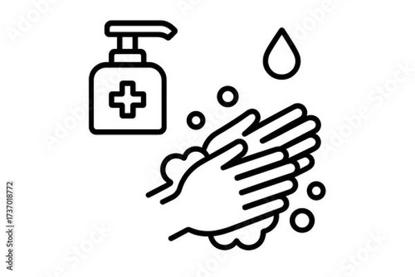 Fototapeta Hand washing icon for hygiene and virus prevention. Vector illustration of hands with soap, water, and sanitizer. Disinfection and antibacterial concept for health care.