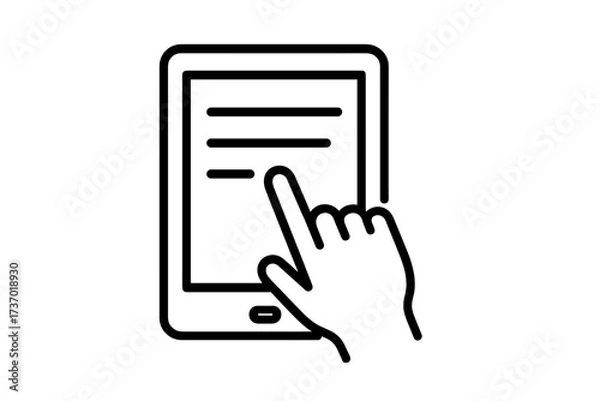 Fototapeta Hand clicking portable tablet device. Finger touching screen. Online education, e-learning, digital library, ebook reading. Modern thin line vector icon for app & web.