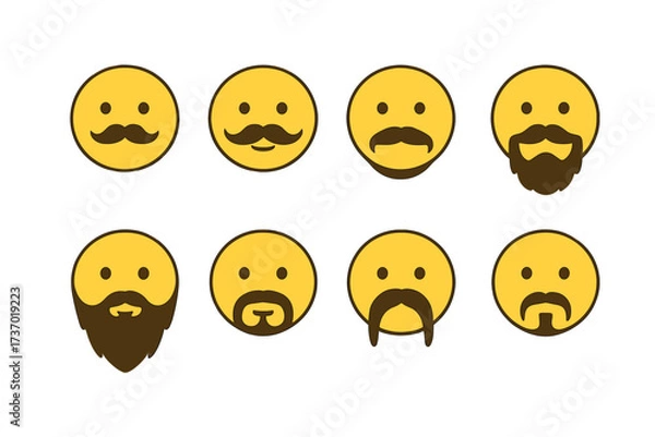 Fototapeta Vector set of yellow emoticons with various moustaches and beards. Male smiley face character pack. Flat icon design with different facial hair styles for man avatars.