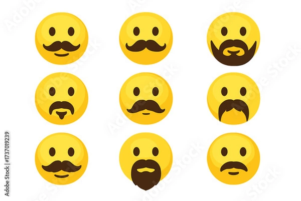 Fototapeta Moustache and beard emoji vector set. Emoticon smiley face character collection. Man facial hair styles icon pack. Funny hipster cartoon avatar for chat or web. Isolated graphic.