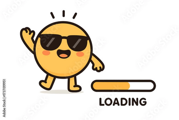 Fototapeta Cute smiling round character in sunglasses waving hand, summer announcement, loading bar progress indicator, cheerful cartoon emoticon vector illustration, fun mood