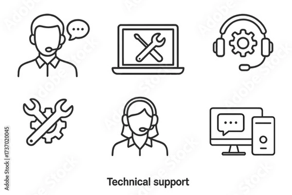 Fototapeta Modern technical support line art icon set with headset, tools, computer, and chat bubbles. Customer service, IT helpdesk, troubleshooting, online assistance vector illustration