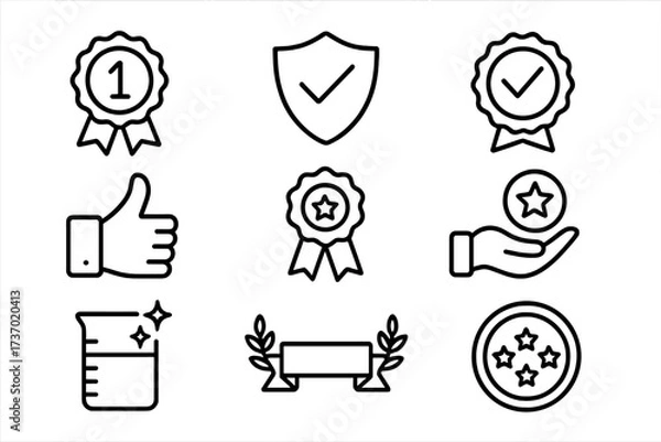Fototapeta Monochrome vector icons quality concept line art set with transparent background, ordered award, checkmark, thumbs up, and excellence symbols for design
