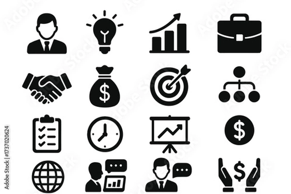 Fototapeta Business icons set vector illustration with transparent background, including icons for leadership, ideas, growth, finance, teamwork, target, schedule, communication, and global concepts