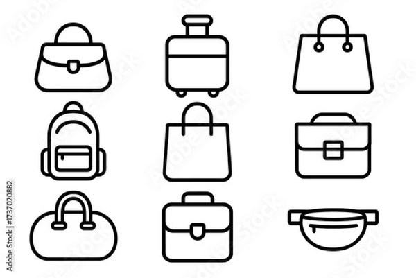 Fototapeta Editable Vector Line Art Icon Set with Transparent Background, Non-Outlined Stroke Design, Diverse Bag and Luggage Symbols, Modern Minimalist Editable Line Icons, Business and Travel Themes