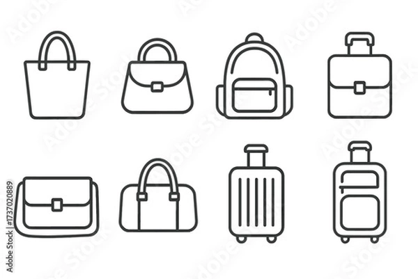 Fototapeta Editable Line Art Vector Icons Set of Various Bags and Luggage, Outline Style, Transparent Background, Editable Stroke Lines, Travel and Fashion Accessories Vector Illustrations for Commercial Use