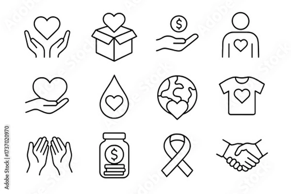 Fototapeta Charity and support icons set with heart symbols, donation hands, fundraising concepts, awareness ribbon, global love, and handshake vector illustration for social causes and kindness