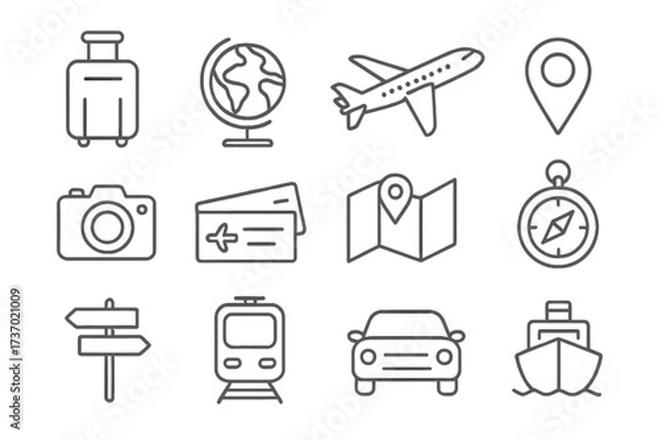 Fototapeta Travel icons set vector illustration with suitcase globe airplane location pin camera plane tickets map compass directional sign train car ship transportation symbols
